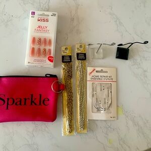 Multiple items  2 jewelry stands.  Nails. Pouch. 2 fun chains. Repair kit
